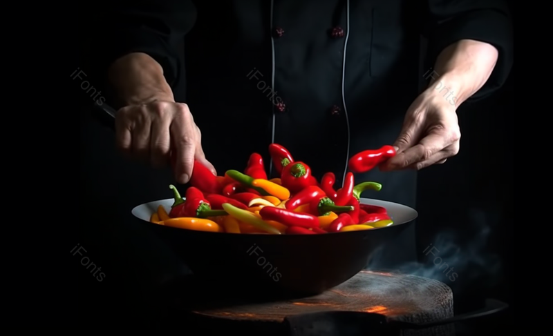 专业厨师的手在黑色背景的煎锅上处理红黄色的辣椒餐厅烹饪概念图像摄影,高清,摄影图,摄影图片,图片大全,摄影图免费下载
